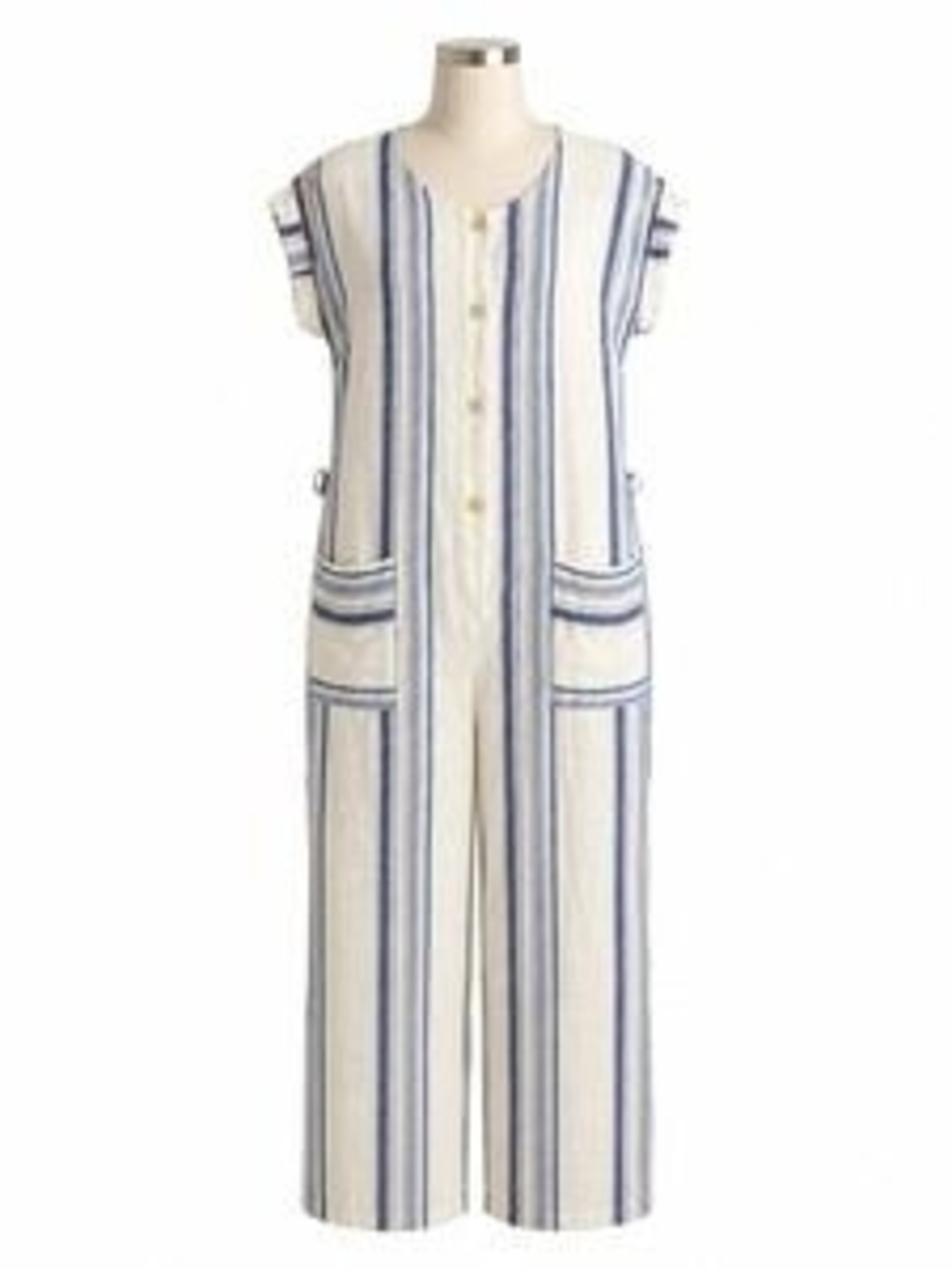 2/$15 Striped Rayon Linen Blend Blue and White One-Piece Jumpsuit